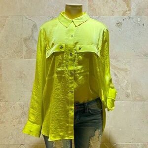 DKNY Top Button Down Oversize Silky Utility Shirt XS (fits S/M) Yellow Neon Y2K😍